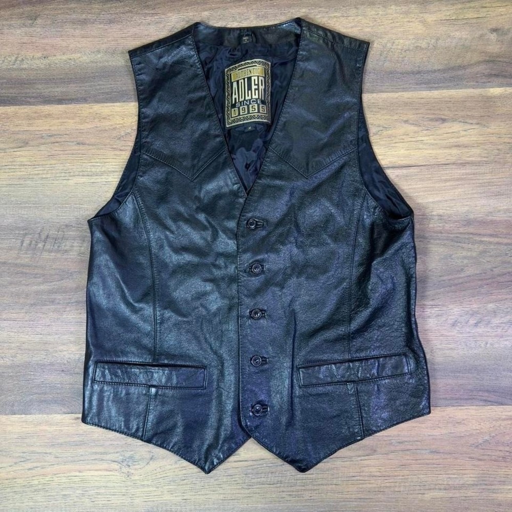 Adler Since 1955 Black Leather Vest Men M Genuine Leather Biker Style